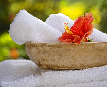 Bowl with rolled towels and flower