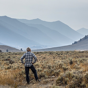Senior man standing in field by mountains in Sun Valley, Idaho, USA