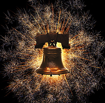 Liberty Bell against firework display