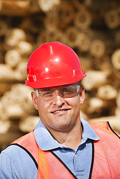 Engineer in front of stack of timber