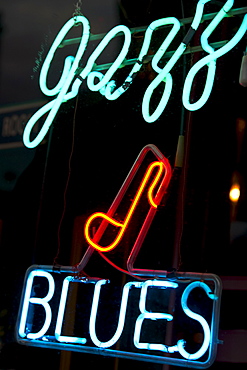 Illuminated Jazz and Blues sign on Beale Street in Memphis