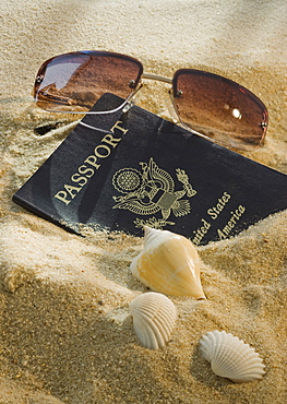 United States passport, sunglasses, and seashells