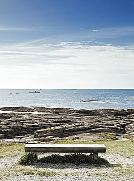France, Brittany, Morbihan Department, Bench, coastline and ocean