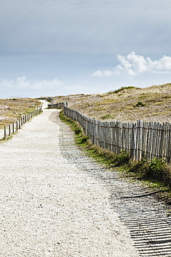France, Brittany, Morbihan Department, Coastal path and fence,
