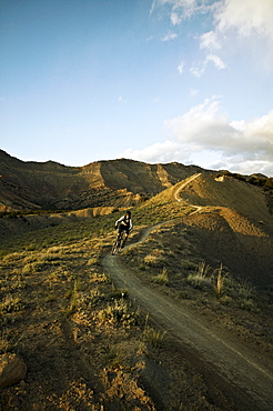 Man mountain biking on mountain track