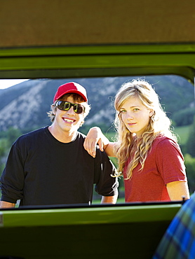 Couple looking through window