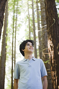 Smiling boy behind tree