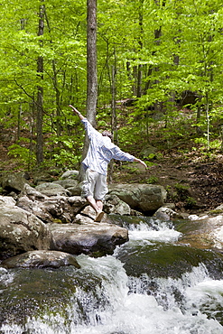 A man at a stream in the woods