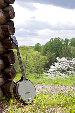 A banjo leaning against the wall of a cabin