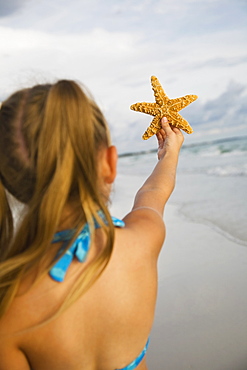 Girl holding up starfish, Florida, United States