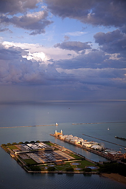 USA, Illinois, Chicago, Olive Park, Water Filtration Plant and Navy Pier on Lake Michigan seen from Hancock Tower