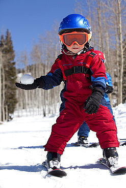 USA, Colorado, Telluride, Two boys (4-5, 2-3) skiing