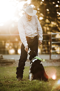 Cowboy feeding dog on ranch