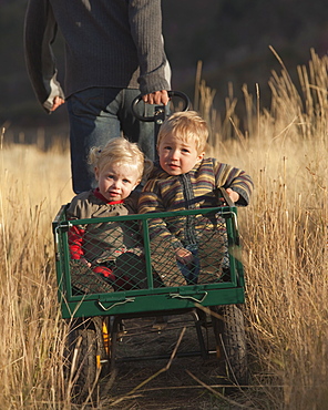 Father pulling children in wagon