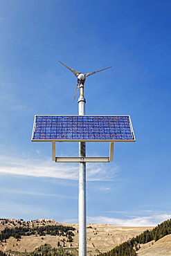 Wind turbine and solar panel near Manderson, Wyoming