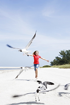 Girl chasing birds on beach