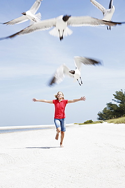 Girl chasing birds on beach