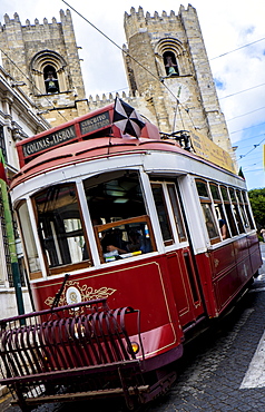 Tram in front of Lisbon Cathedral, Lisbon, Portugal