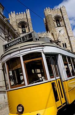 Tram in front of Lisbon Cathedral, Lisbon, Portugal