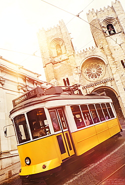 Tram in front of Lisbon Cathedral, Lisbon, Portugal