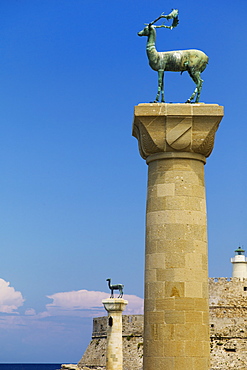 Greece, Rhodes, Mandraki Harbor, Statues on columns