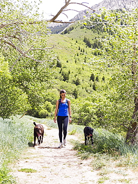 Woman with two dogs hiking in landscape, USA, Utah, Salt Lake City 