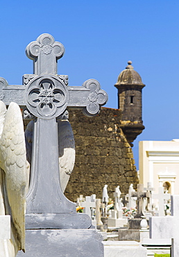 Puerto Rico, Old San Juan, View of Santa Maria Magdalena Cemetery with El Morro Fortress