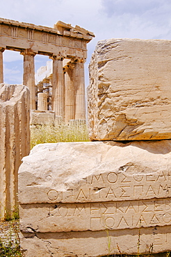 Greece, Athens, Acropolis, Greek inscription on ruins of Parthenon