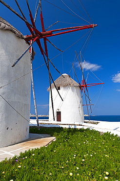 Greece, Cyclades Islands, Mykonos, Old windmills at coast