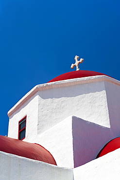 Greece, Cyclades Islands, Mykonos, Church roof with cross