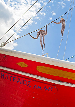 Greece, Cyclades Islands, Mykonos, Sun drying octopus on fishing boat