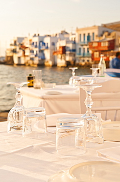 Greece, Cyclades Islands, Mykonos, Set tables by sea