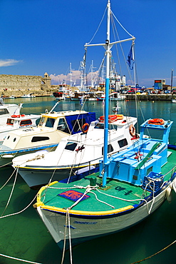 Greece, Rhodes, Harbor and old town wall