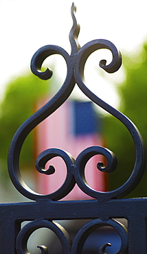 USA, South Carolina, Charleston, Close up of ornate detail of iron gate