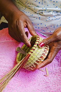 USA, South Carolina, Charleston, Close up of woman's hand weaving sweetgrass basket