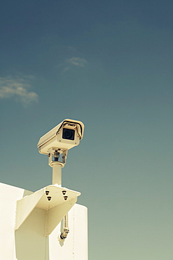 Low angle view of surveillance camera on ferry