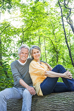 Senior couple sitting on log in forest, Central Park, New York City