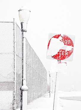 USA, New York State, Rockaway Beach, Do Not Enter Sign covered with snow