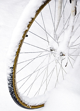 USA, New York State, Brooklyn, Williamsburg, bicycle wheel in snow