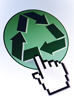 Studio shot of hand cursor on recycling icon