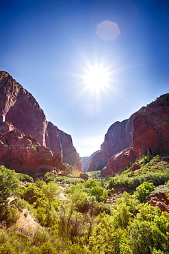 Sun shining over majestic mountain landscape, Kolob Canyon, Zion National Park, Utah