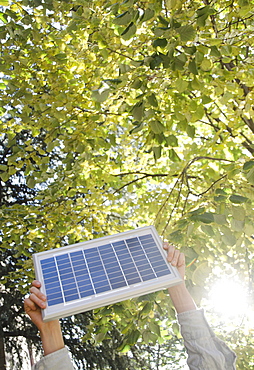 Hand holding solar panel in park