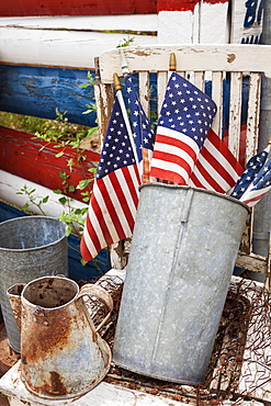 American flags in metal bucket, Utah