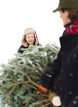 Father and son (6-7) carrying Christmas tree