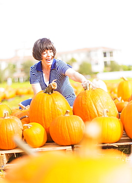 Mature woman picking up pumpkins, Jupiter, Florida