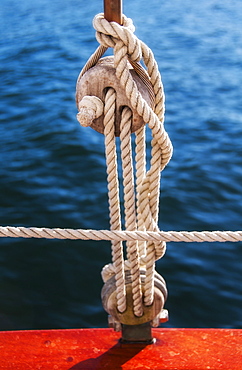 Coiled ropes on yacht deck