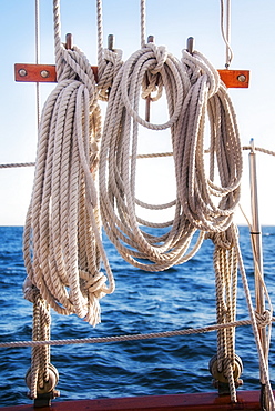 Coiled ropes on yacht deck