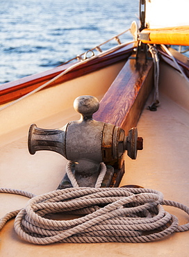 Rope coiled on yacht bow 