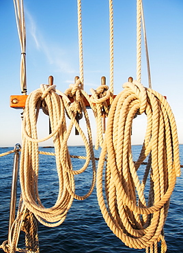 Coiled ropes on yacht deck