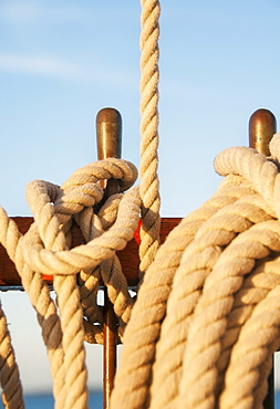 Coiled ropes on yacht deck